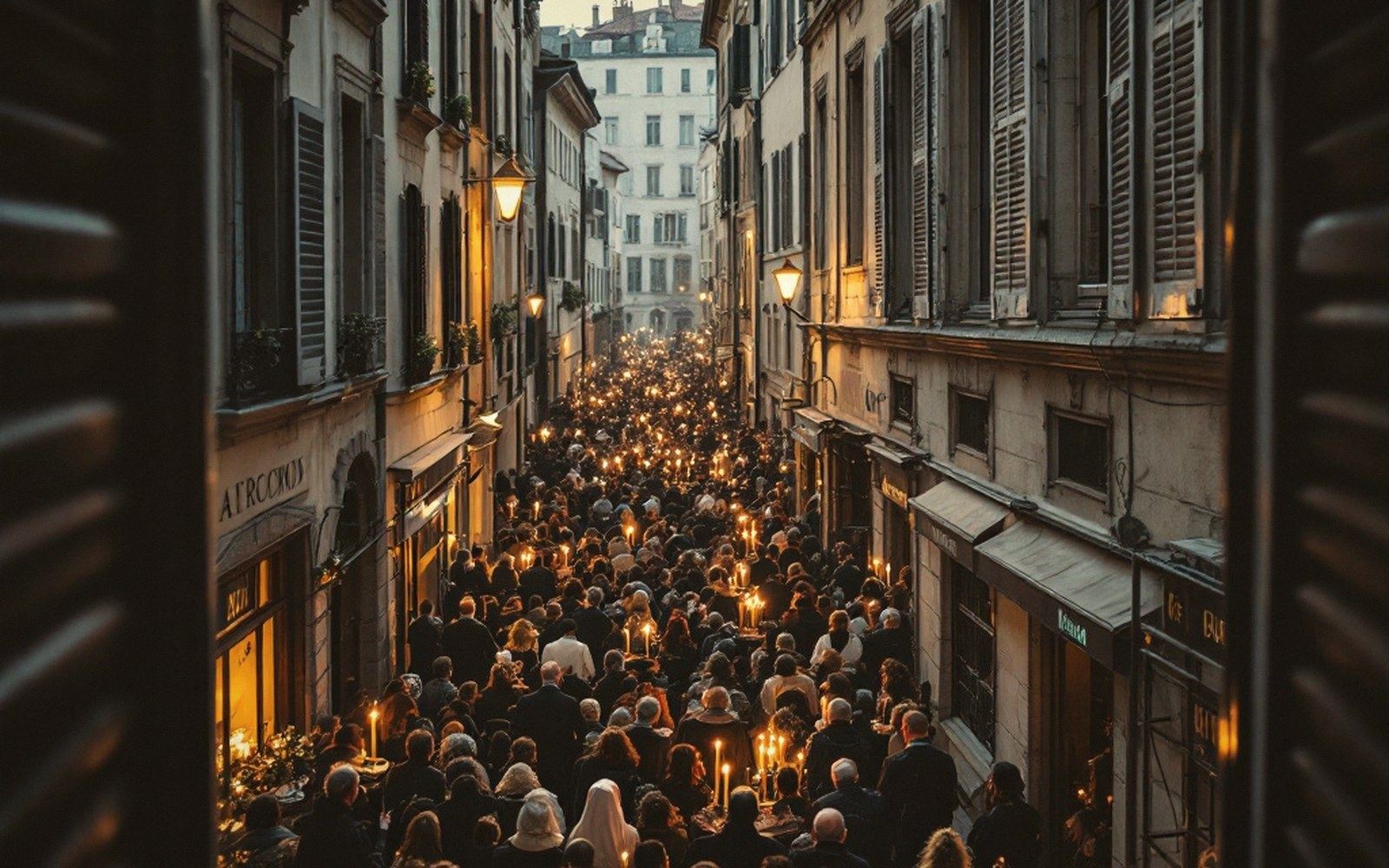 A crowd carrying candles fills a narrow street between shuttered buildings at dusk